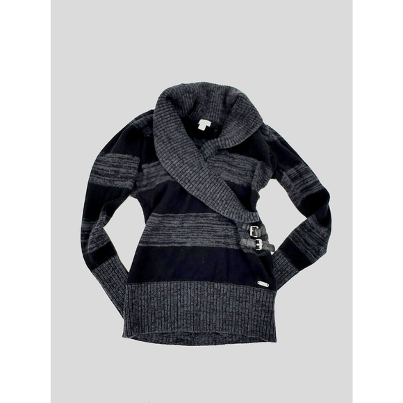 Guess Black Striped Shawl Collar Buckle Long Sweater Top Size S/P Y2K Preppy - Picture 2 of 7